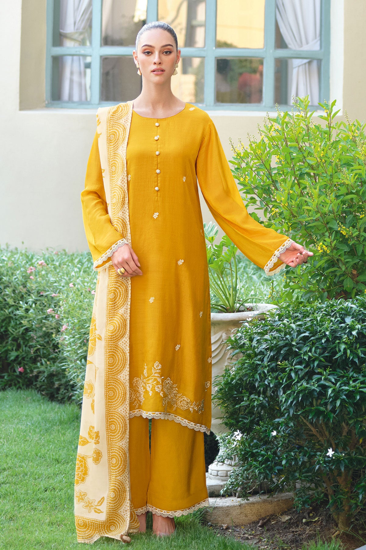 Mustard Lace Thread Embroidered Cotton Printed Unstitched Suit Set