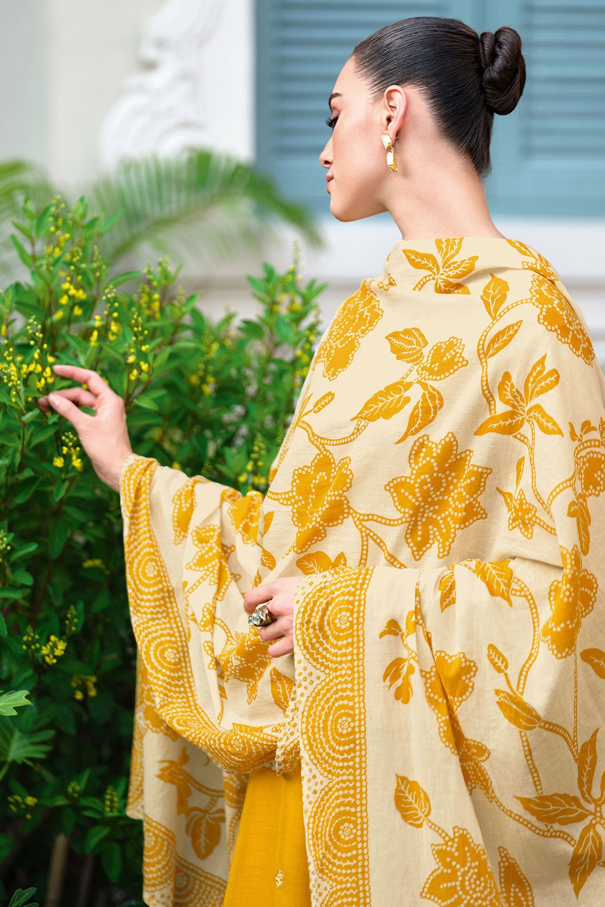 Mustard Lace Thread Embroidered Cotton Printed Unstitched Suit Set