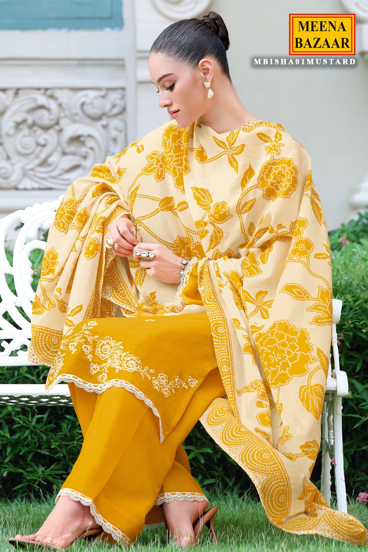 Mustard Lace Thread Embroidered Cotton Printed Unstitched Suit Set