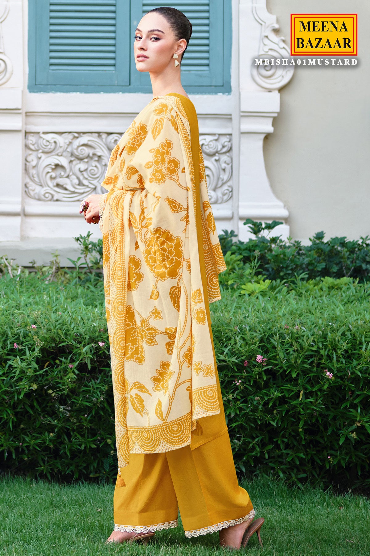 Mustard Lace Thread Embroidered Cotton Printed Unstitched Suit Set