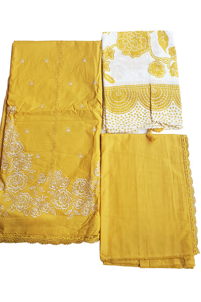 Mustard Lace Thread Embroidered Cotton Printed Unstitched Suit Set