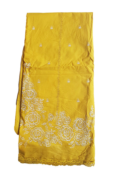 Mustard Lace Thread Embroidered Cotton Printed Unstitched Suit Set