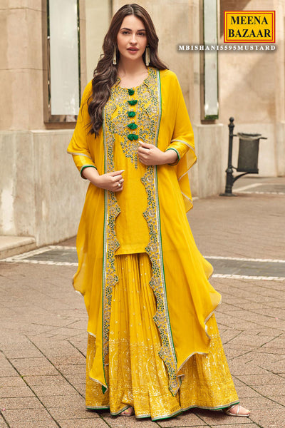 Mustard Silk Zari Sequin Embroidered Sharara Suit Set