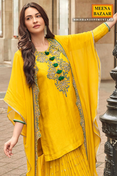 Mustard Silk Zari Sequin Embroidered Sharara Suit Set