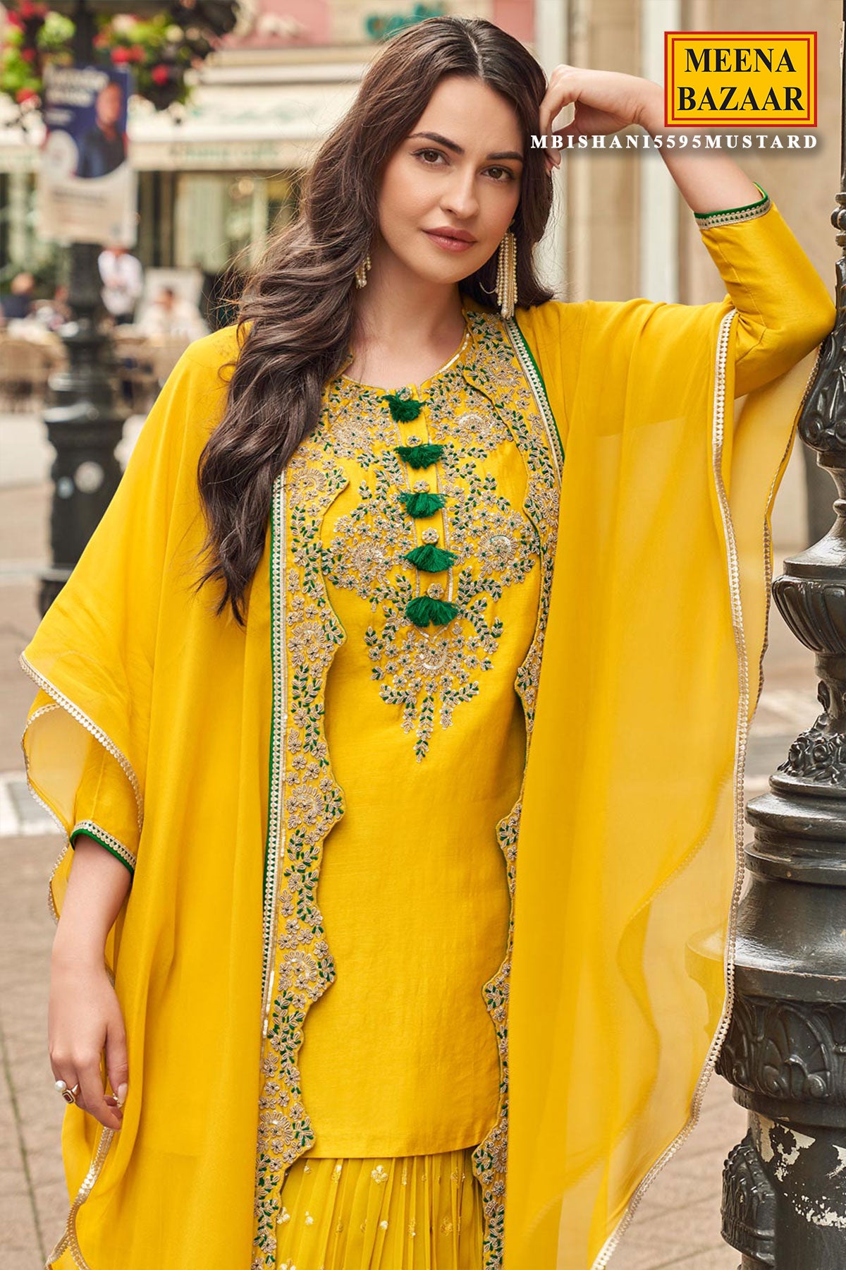 Mustard Silk Zari Sequin Embroidered Sharara Suit Set