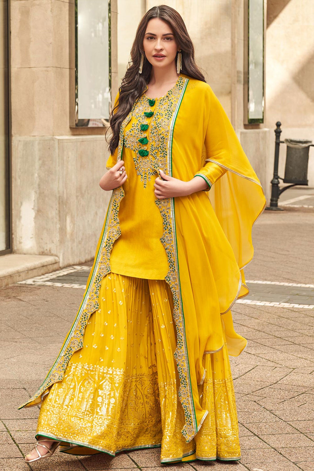 Mustard Silk Zari Sequin Embroidered Sharara Suit Set