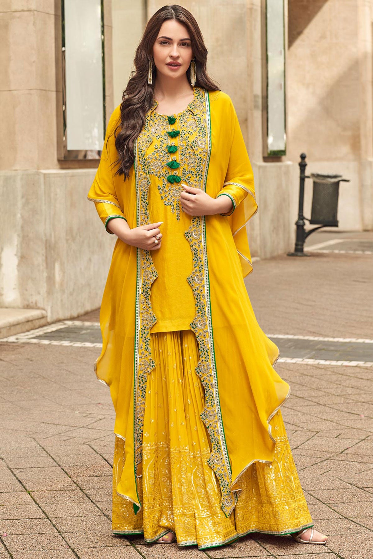 Mustard Silk Zari Sequin Embroidered Sharara Suit Set