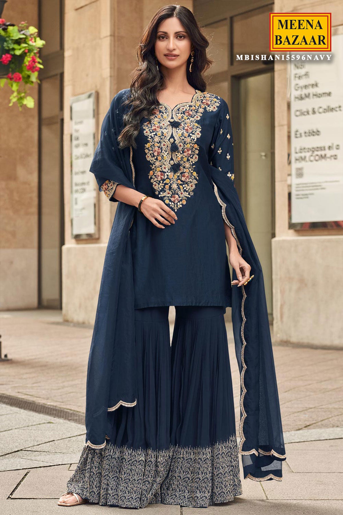 Navy Silk Zari Sequin Embroidered Sharara Suit Set