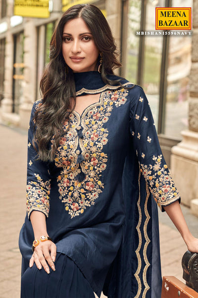 Navy Silk Zari Sequin Embroidered Sharara Suit Set