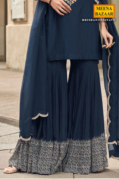 Navy Silk Zari Sequin Embroidered Sharara Suit Set