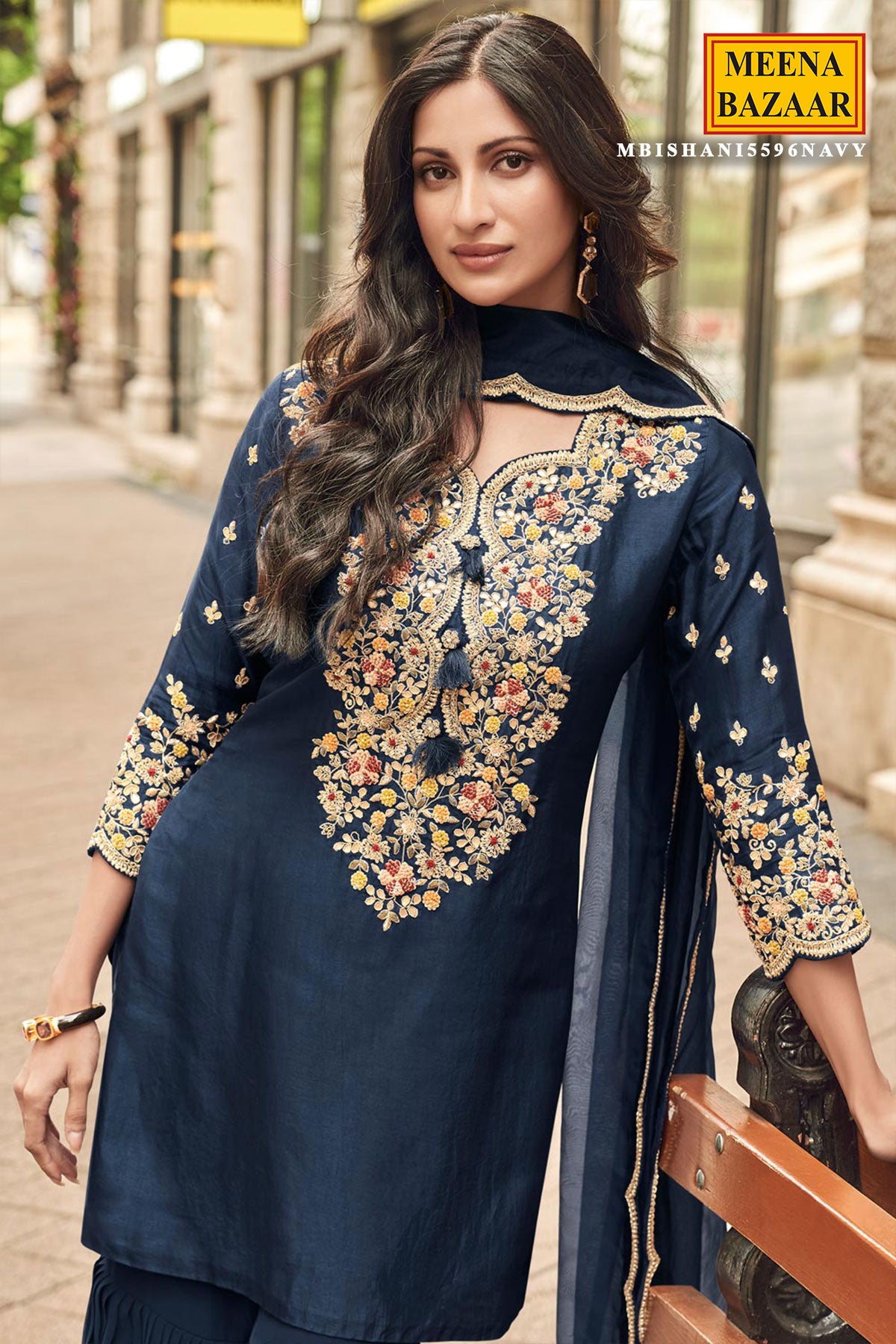 Navy Silk Zari Sequin Embroidered Sharara Suit Set