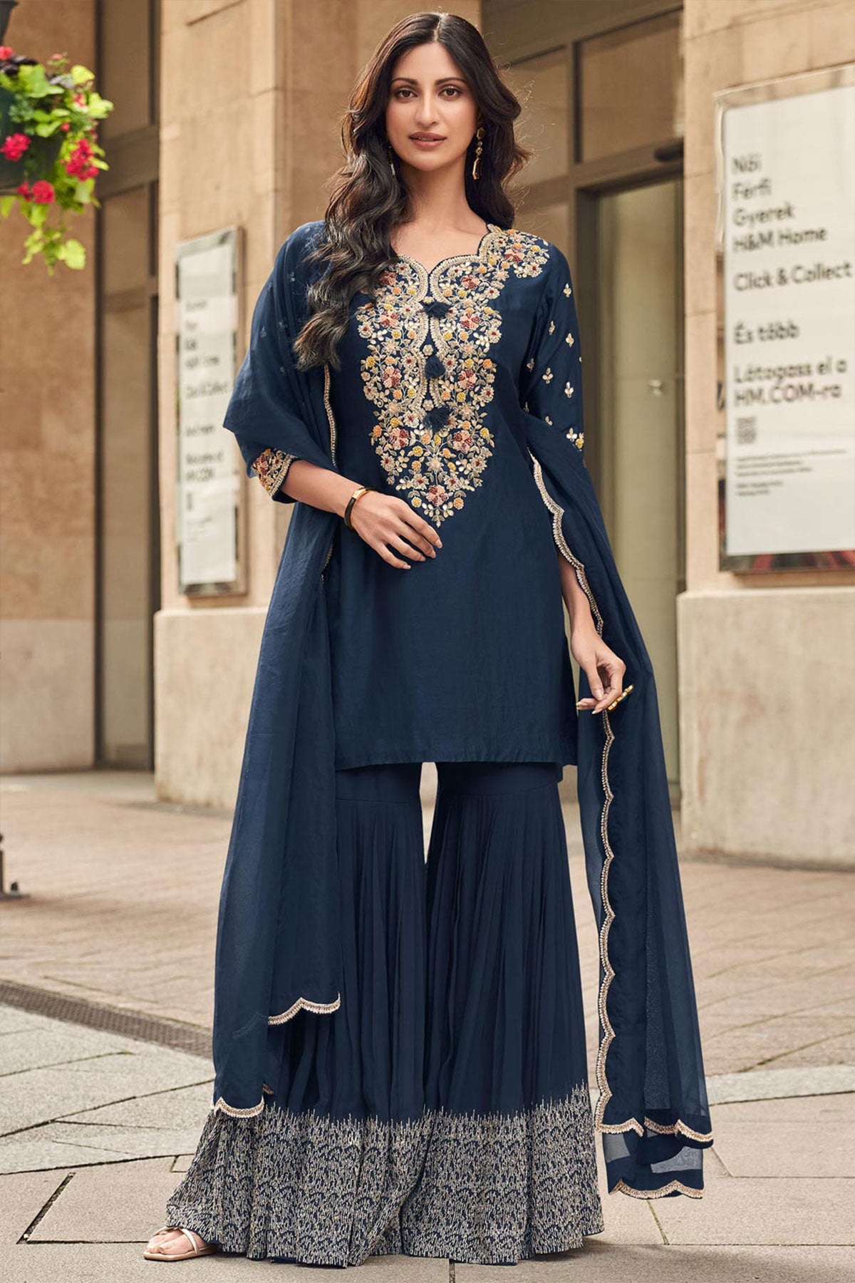 Navy Silk Zari Sequin Embroidered Sharara Suit Set