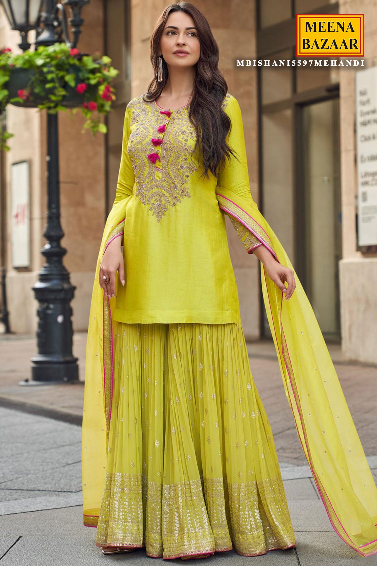 Lime Yellow Silk Zari Sequin Embroidered Sharara Suit Set