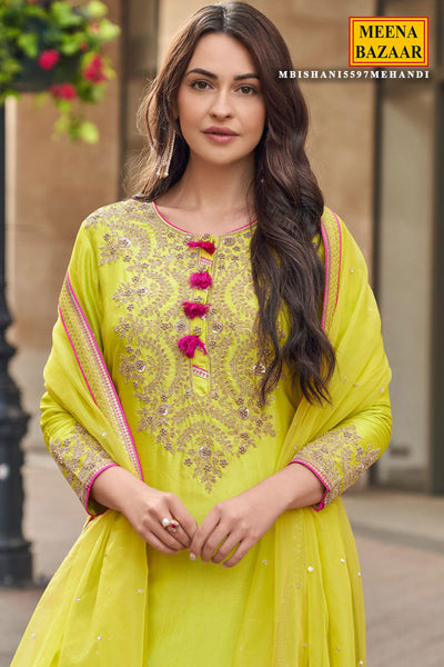 Lime Yellow Silk Zari Sequin Embroidered Sharara Suit Set