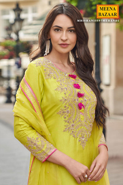 Lime Yellow Silk Zari Sequin Embroidered Sharara Suit Set