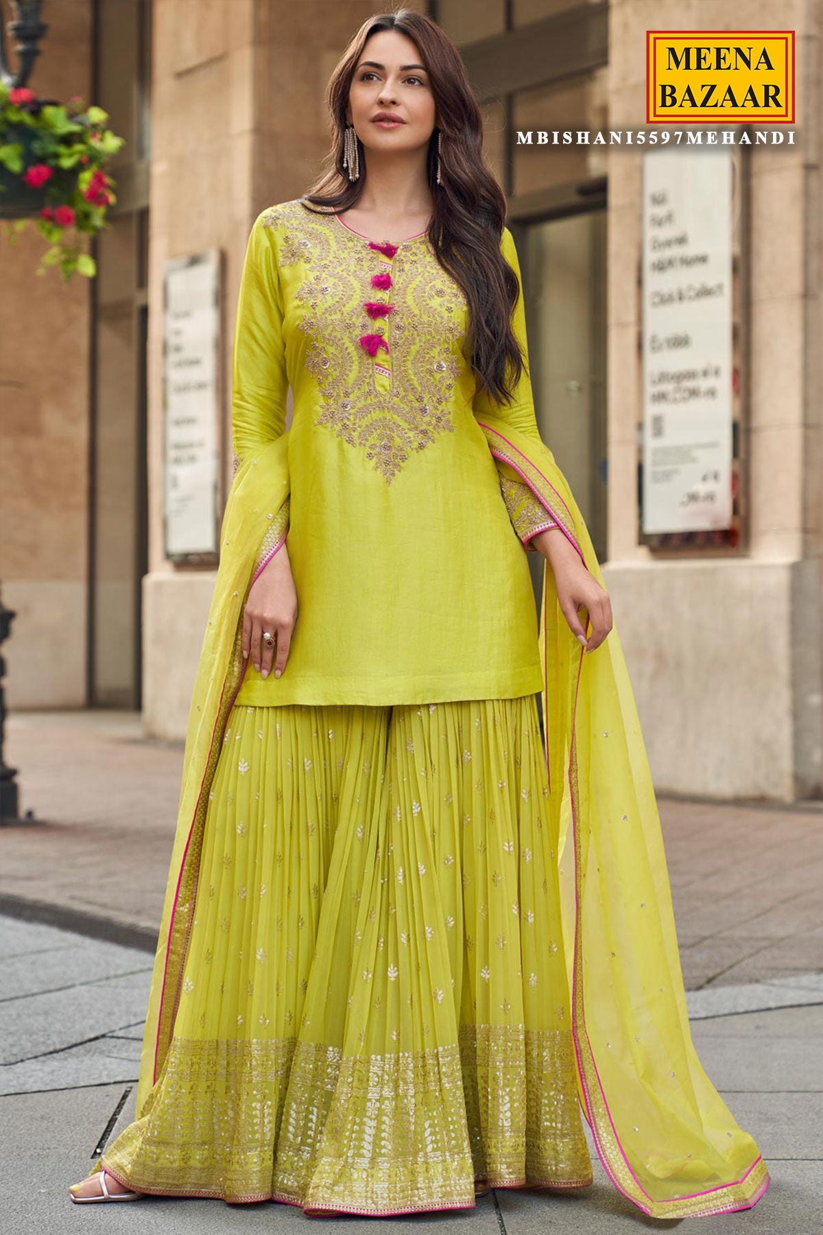 Lime Yellow Silk Zari Sequin Embroidered Sharara Suit Set