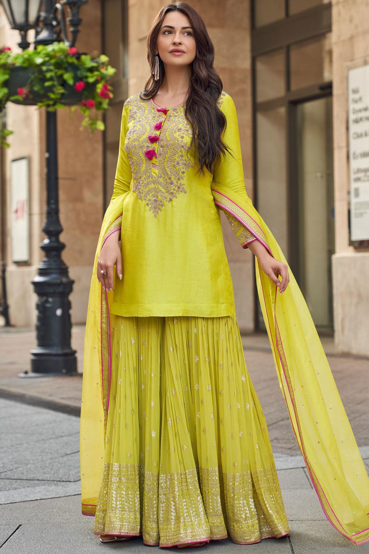 Lime Yellow Silk Zari Sequin Embroidered Sharara Suit Set