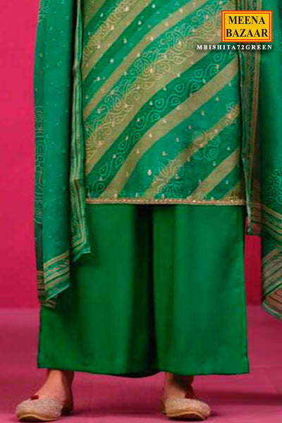 Green Muslin Silk Bandhani Print Embroidered Suit Set