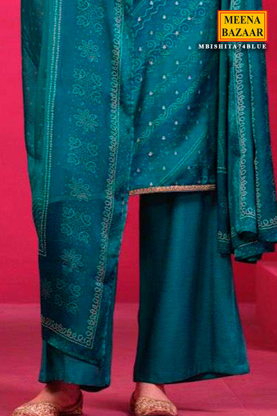 Blue Muslin Silk Bandhani Print Embroidered Suit Set