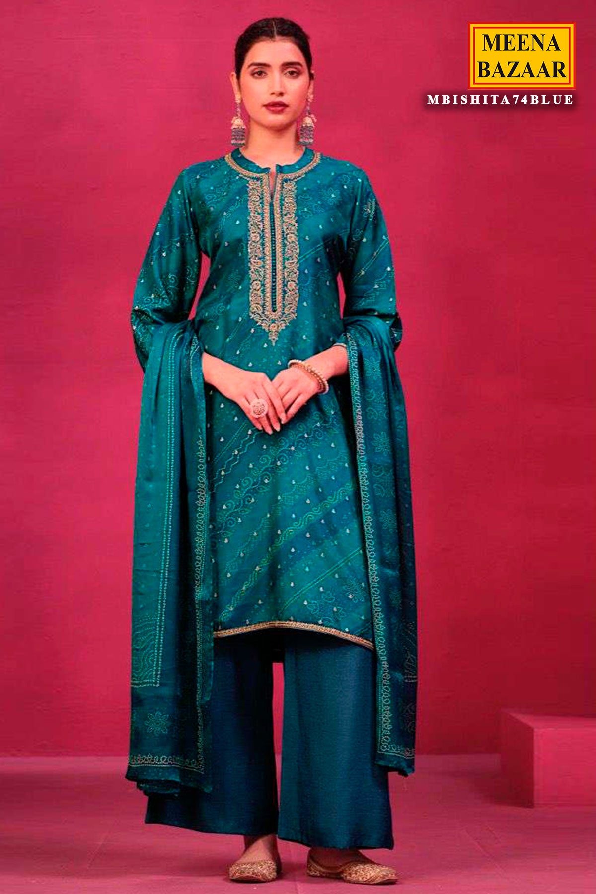 Blue Muslin Silk Bandhani Print Embroidered Suit Set