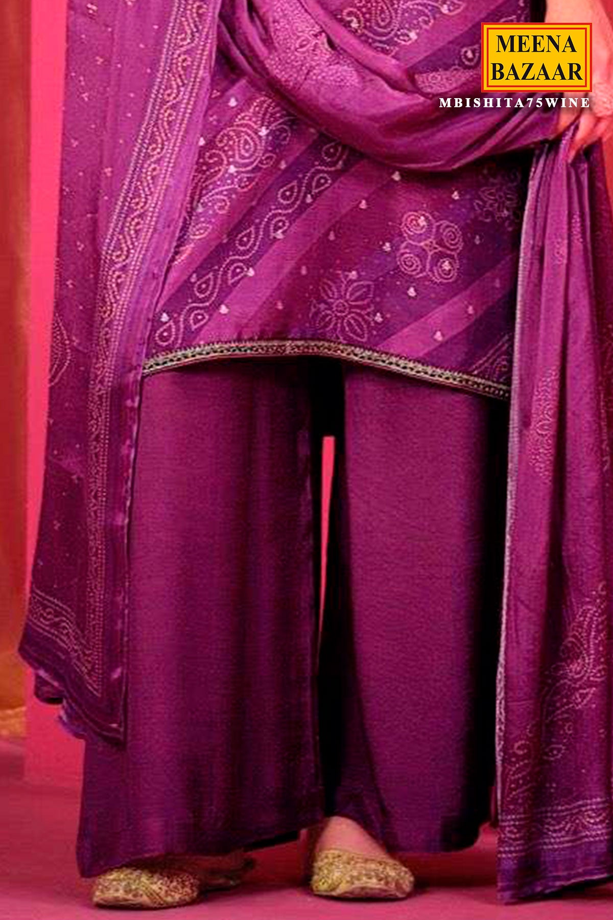 Wine Muslin Silk Bandhani Print Embroidered Suit Set
