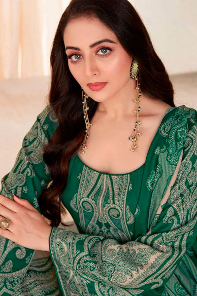 Green Pashmina Silk Contasting Woven Suit Set