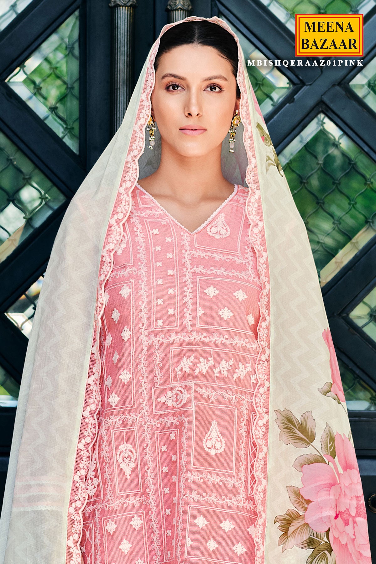 Pink Net Lace Embroidered Unstitched Suit