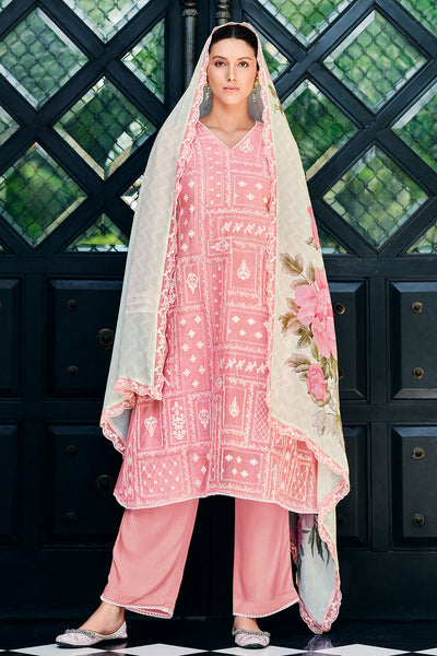 Pink Net Lace Embroidered Unstitched Suit