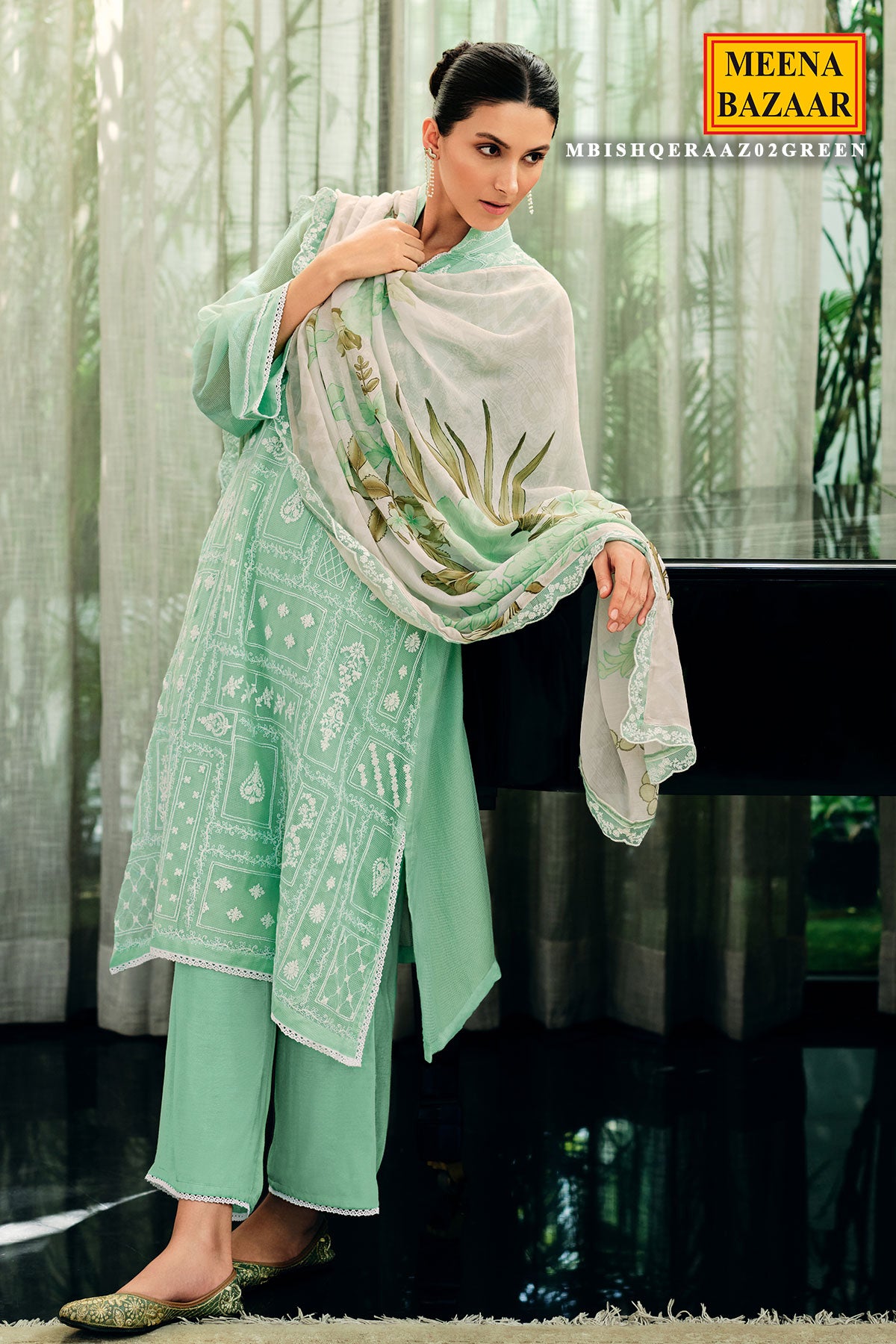 Green Net Lace Embroidered Unstitched Suit