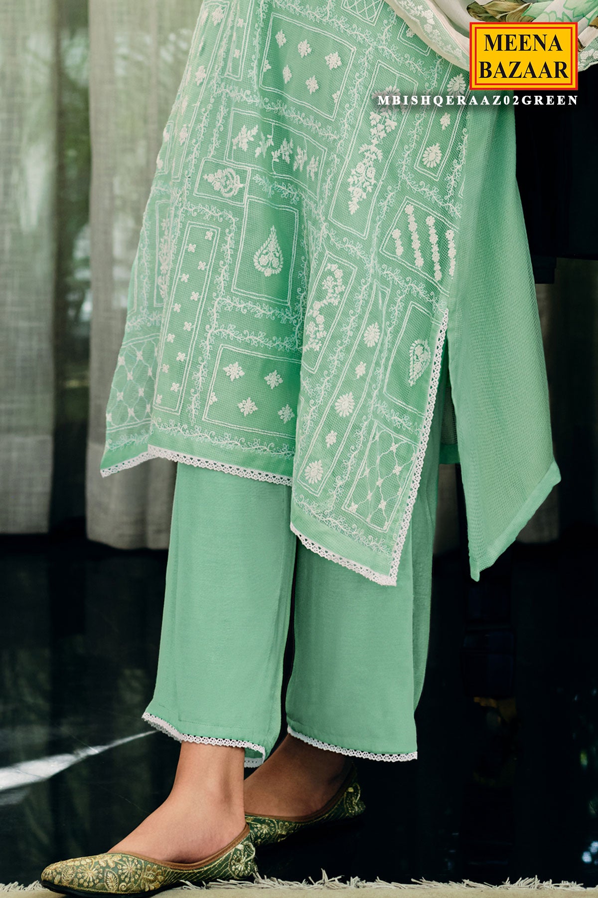 Green Net Lace Embroidered Unstitched Suit