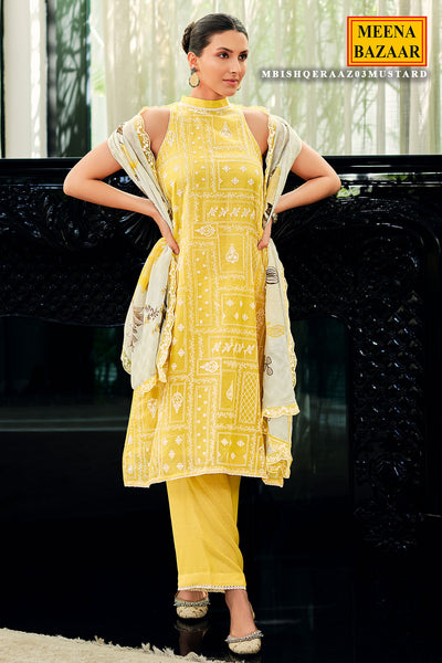 Mustard Net Lace Embroidered Unstitched Suit
