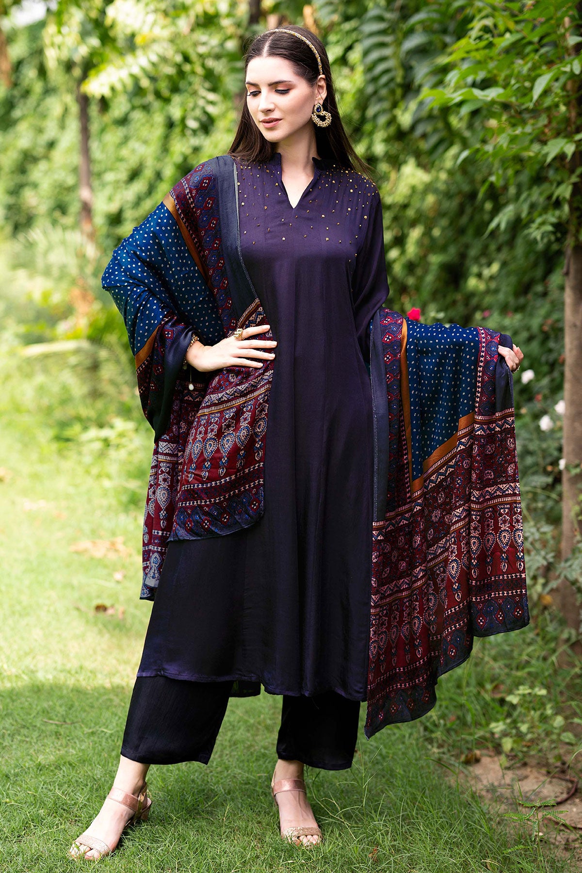 Purple Viscose Muslin Khatli Handwork Embroidered Suit Set