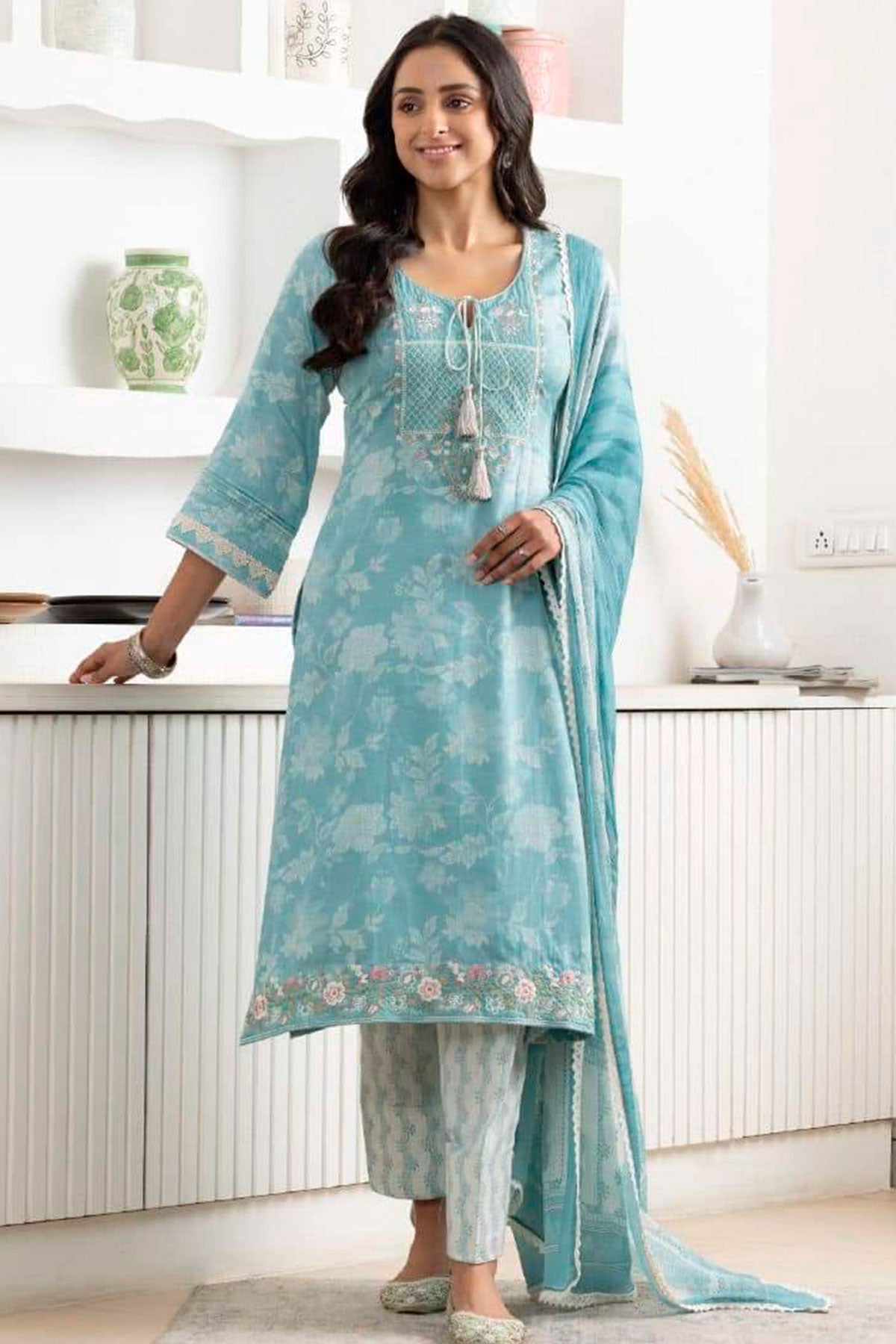 Firozi Glace Cotton Thread Embroidered Suit Set