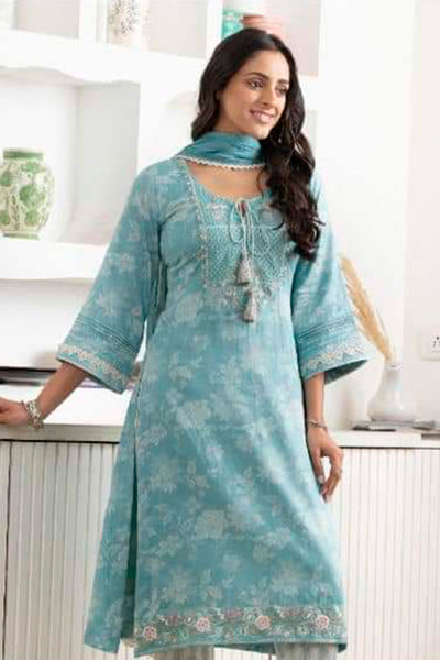 Firozi Glace Cotton Thread Embroidered Suit Set