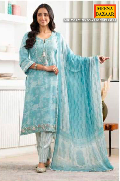 Firozi Glace Cotton Thread Embroidered Suit Set