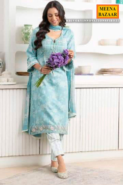 Firozi Glace Cotton Thread Embroidered Suit Set