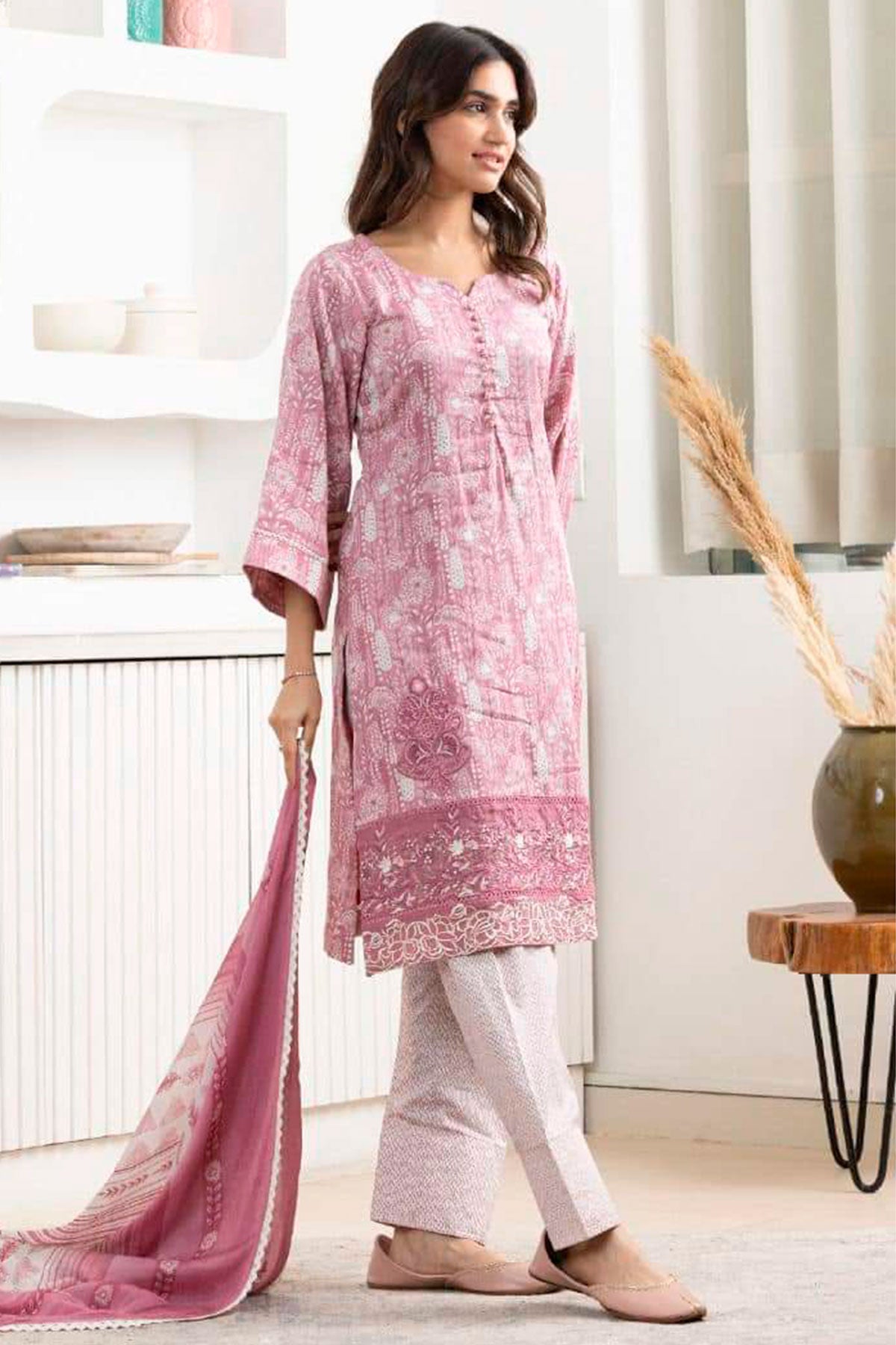 Pink Glace Cotton Thread Embroidered Suit Set