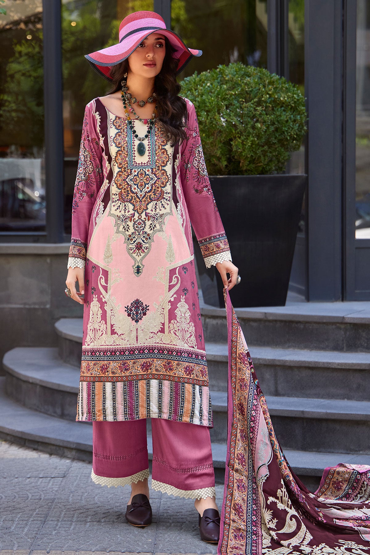 Pink Muslin Cotton Printed Unstitched Suit Set