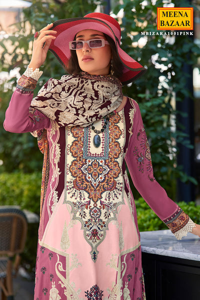 Pink Muslin Cotton Printed Unstitched Suit Set