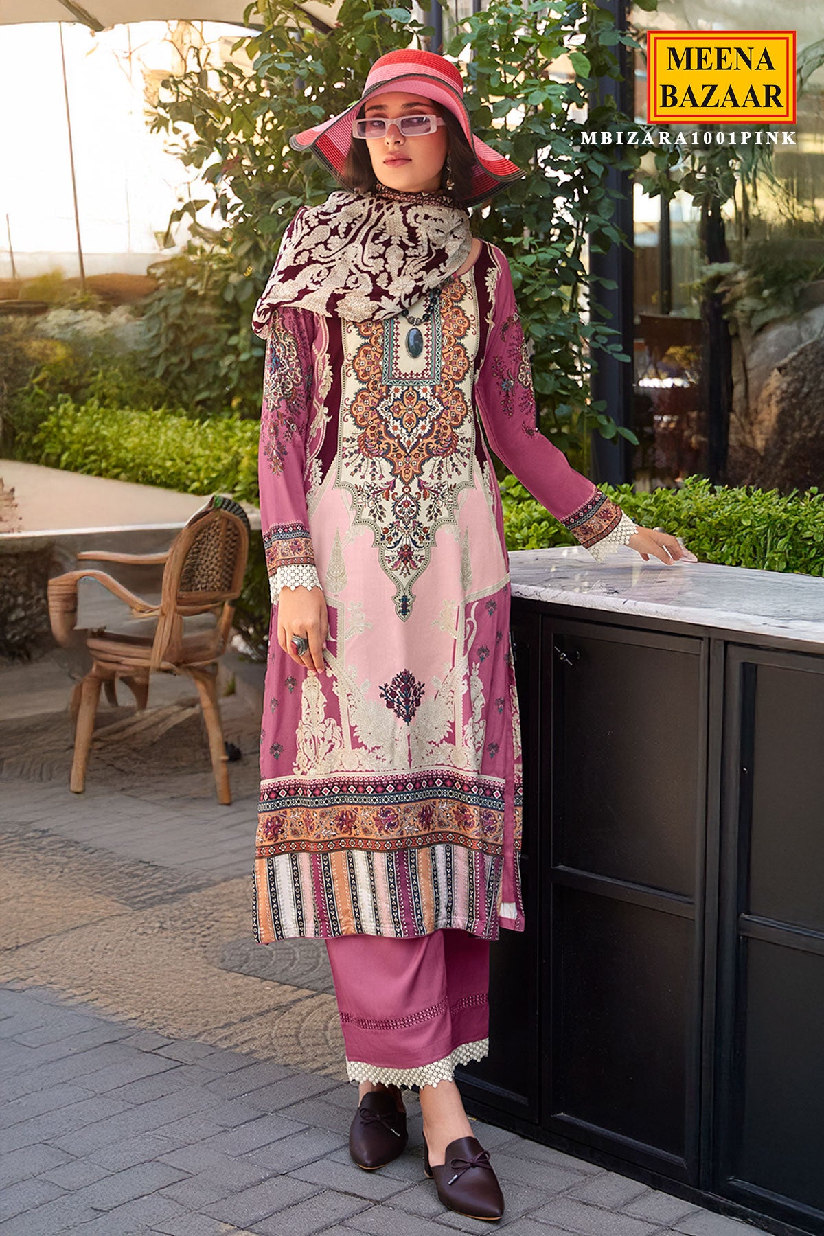 Pink Muslin Cotton Printed Unstitched Suit Set