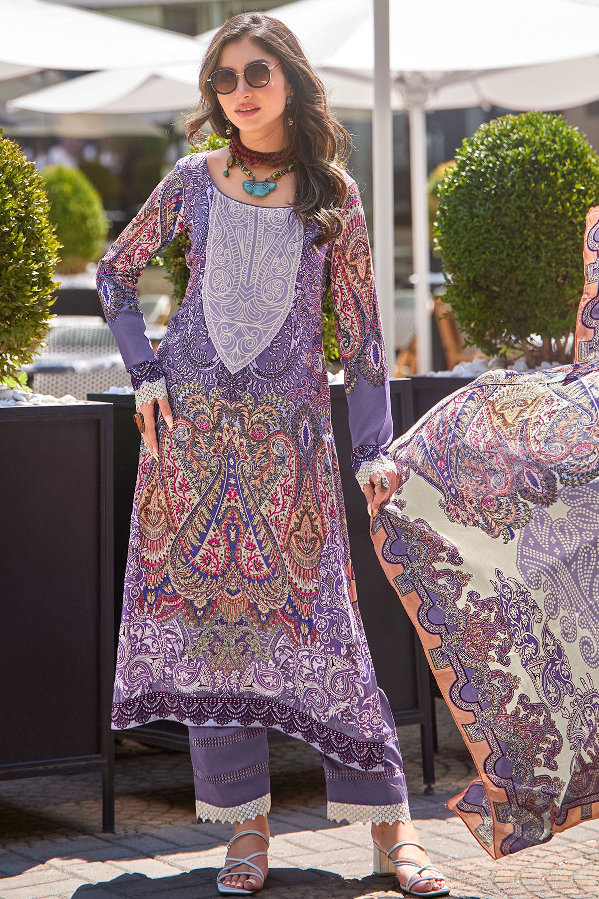 Purple Muslin Cotton Printed Unstitched Suit Set