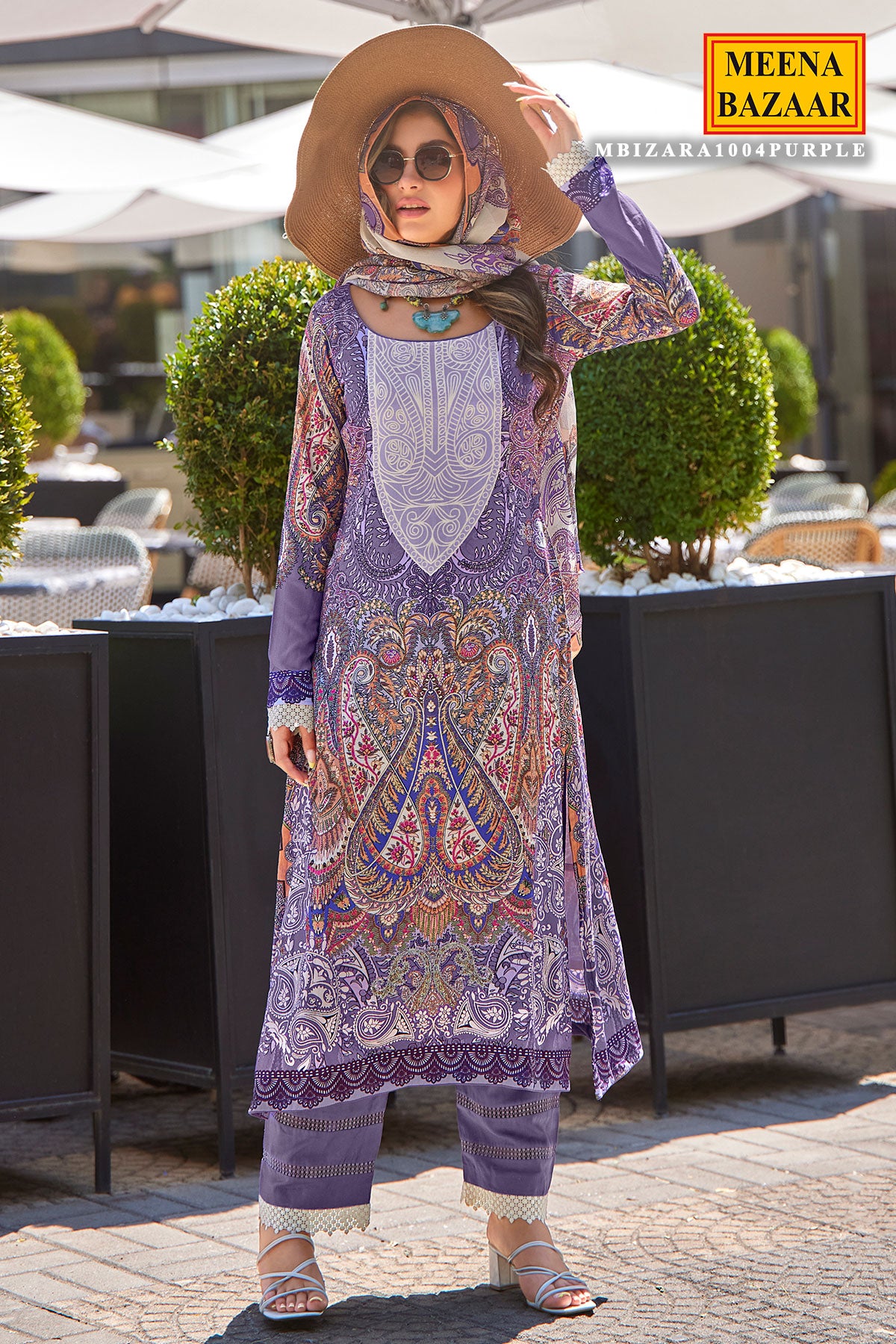 Purple Muslin Cotton Printed Unstitched Suit Set