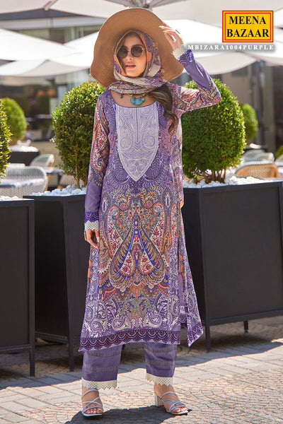 Purple Muslin Cotton Printed Unstitched Suit Set