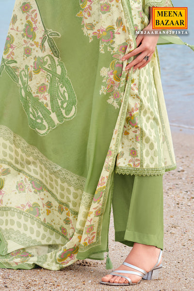 Pista Cotton Neck Zari & Thread Embroidered Printed Suit