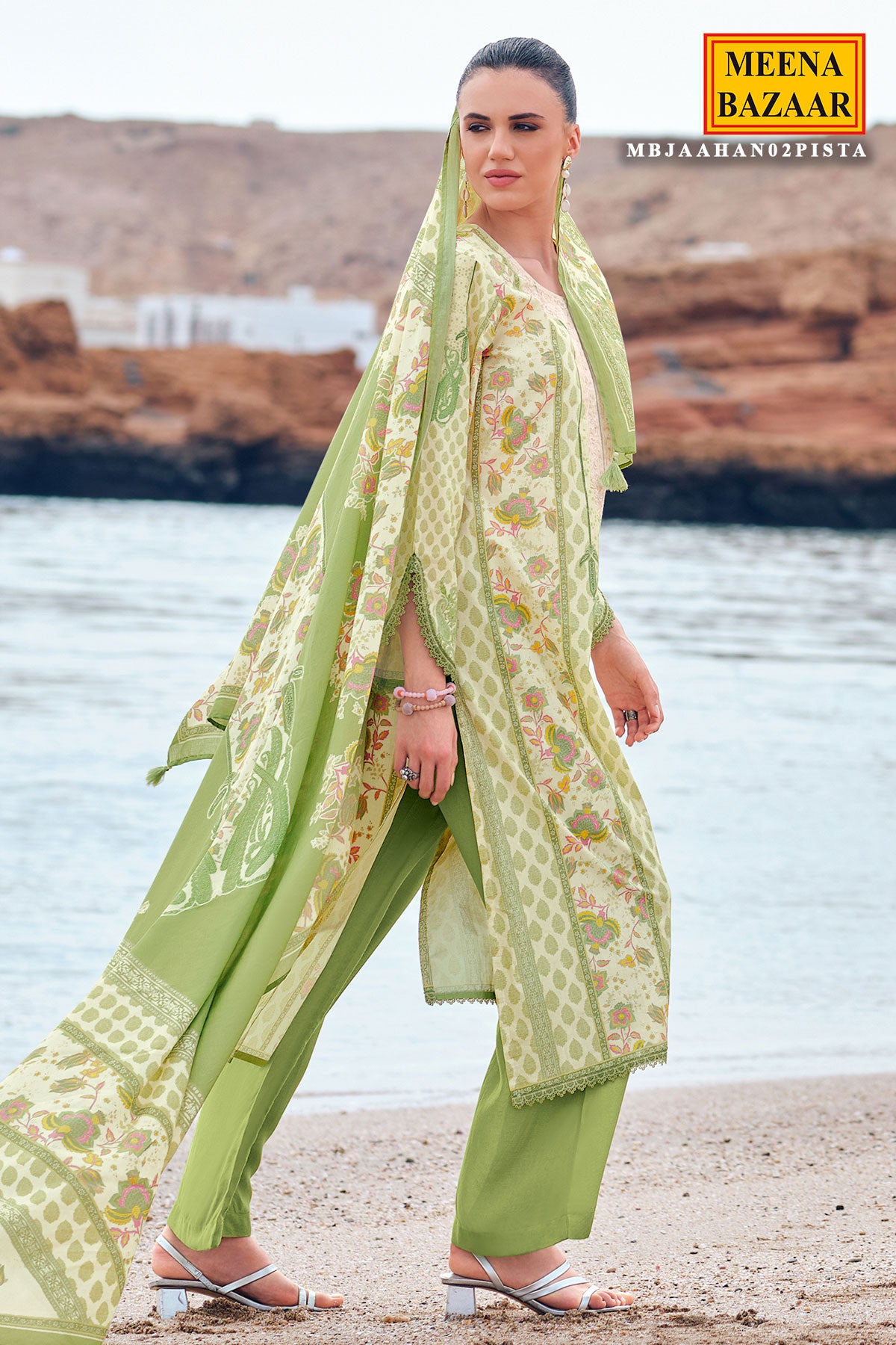 Pista Cotton Neck Zari & Thread Embroidered Printed Suit