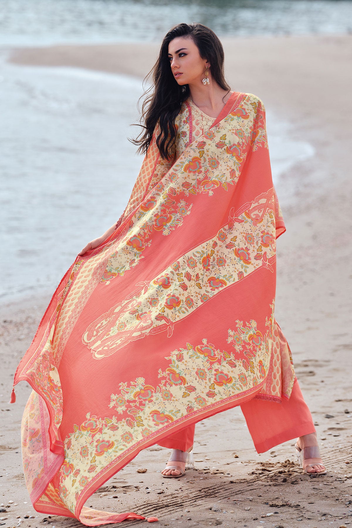 Peach Cotton Neck Zari & Thread Embroidered Printed Suit