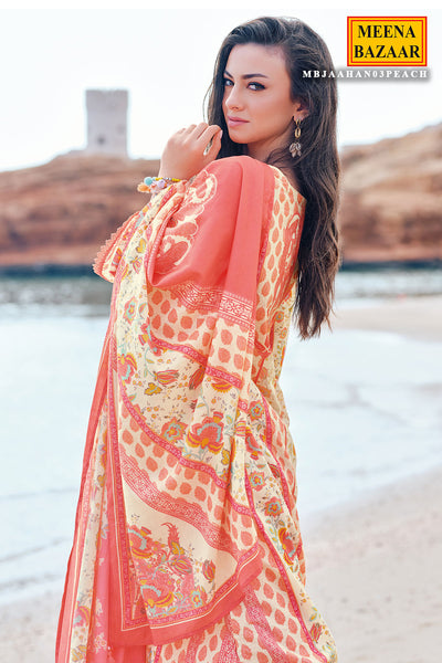 Peach Cotton Neck Zari & Thread Embroidered Printed Suit