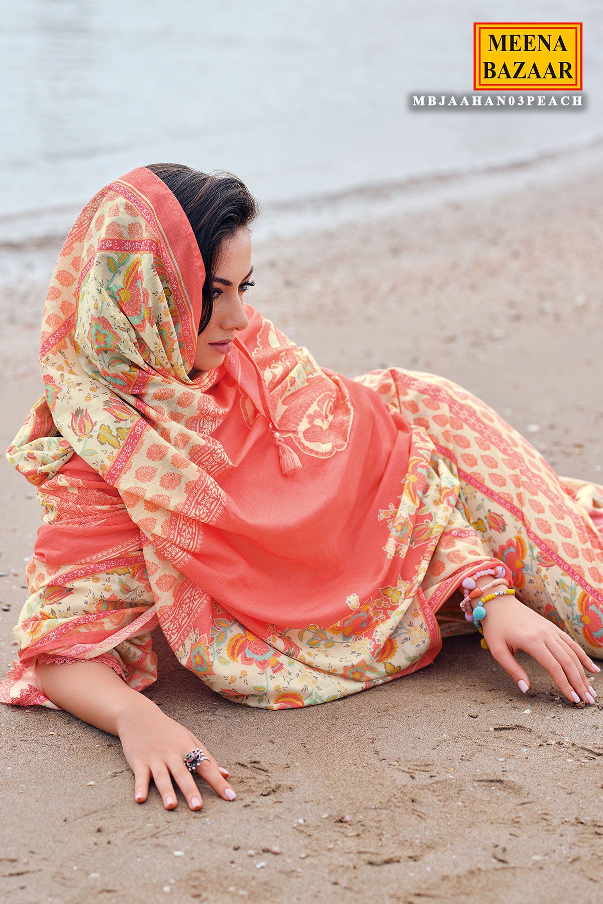 Peach Cotton Neck Zari & Thread Embroidered Printed Suit