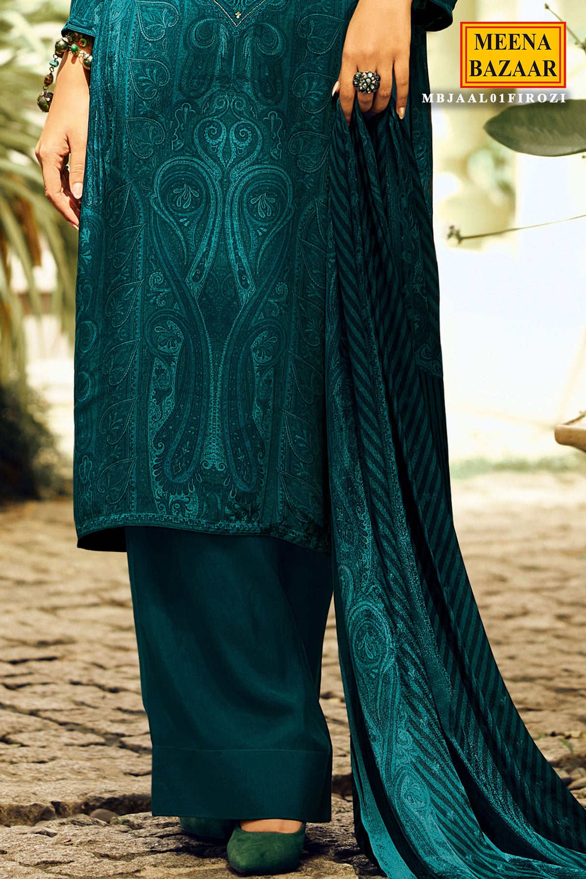 Firozi Muslin Silk Sequins Jaal Embroidered Suit Set