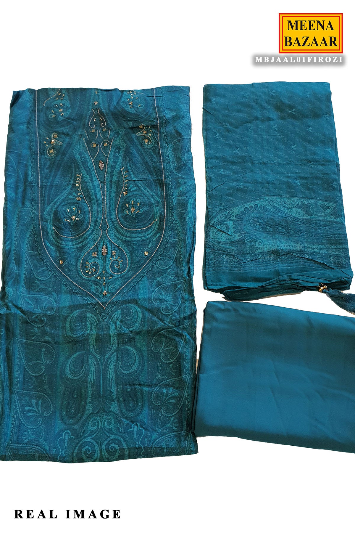 Firozi Muslin Silk Sequins Jaal Embroidered Suit Set